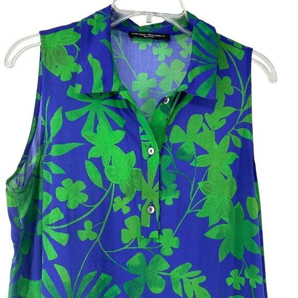 Pietro Brunelli Dress Size M Leaf Print Sleeveless Collared Ruffle Italian Beach - Picture 2 of 7